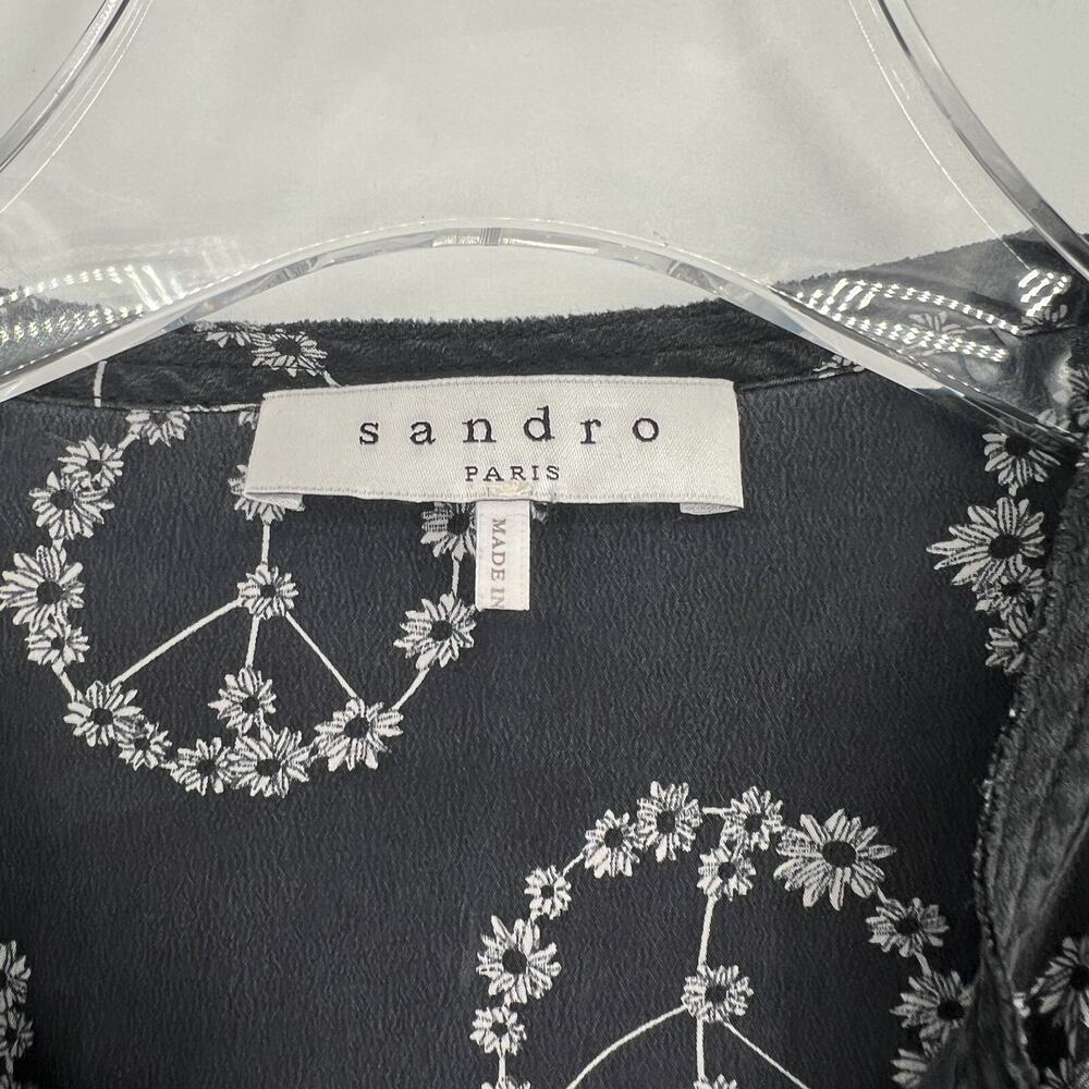 Sandro Dress Womens 2 Black Mini Boho Peace Flowers Silk Hippie Fairy Grunge - Picture 4 of 12